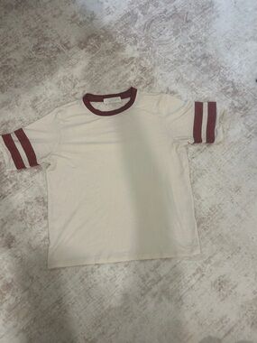 Wilfred Free White Ringer Tee with Burgundy Trim